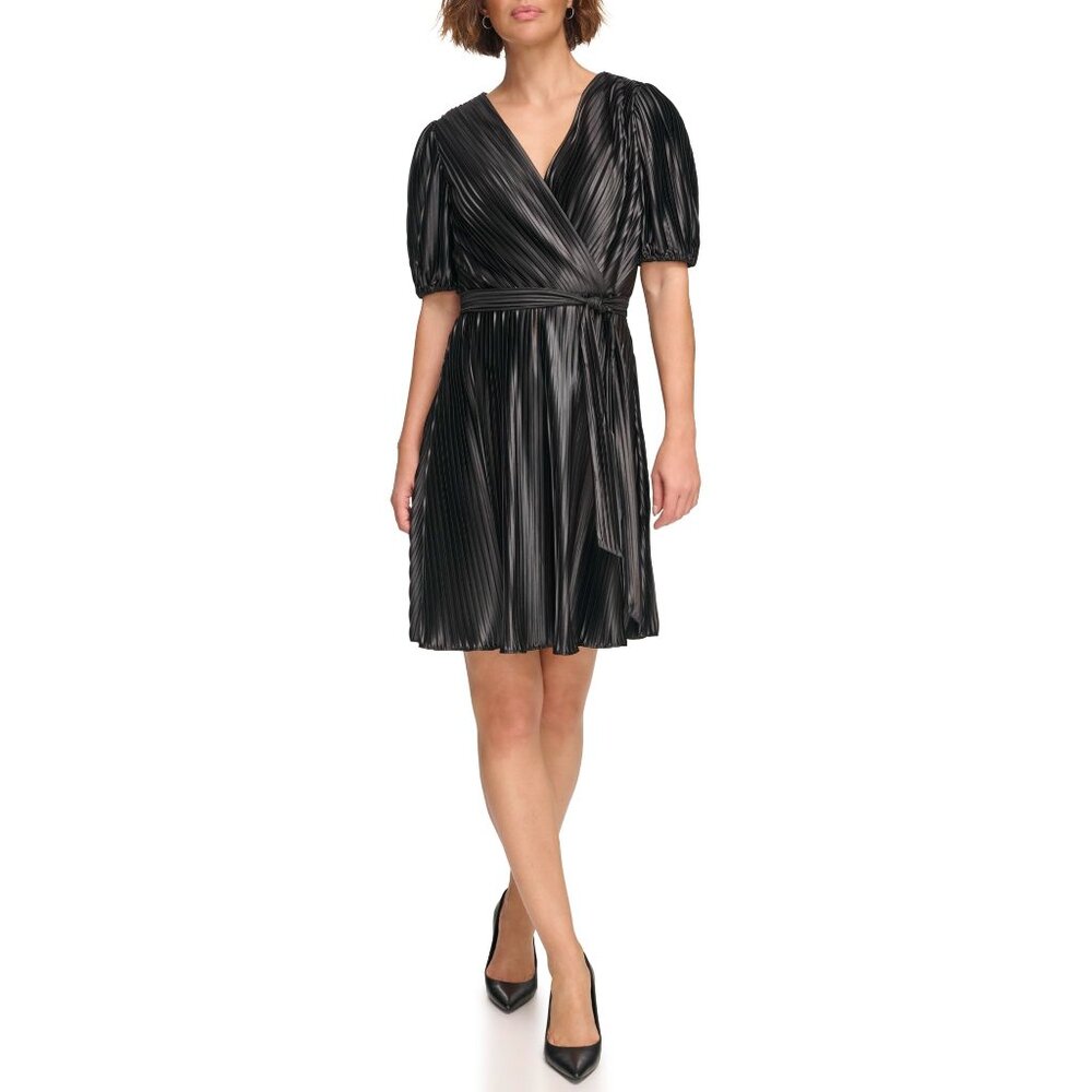NWT DKNY Women's Black Pleated Faux Wrap Dress, 4